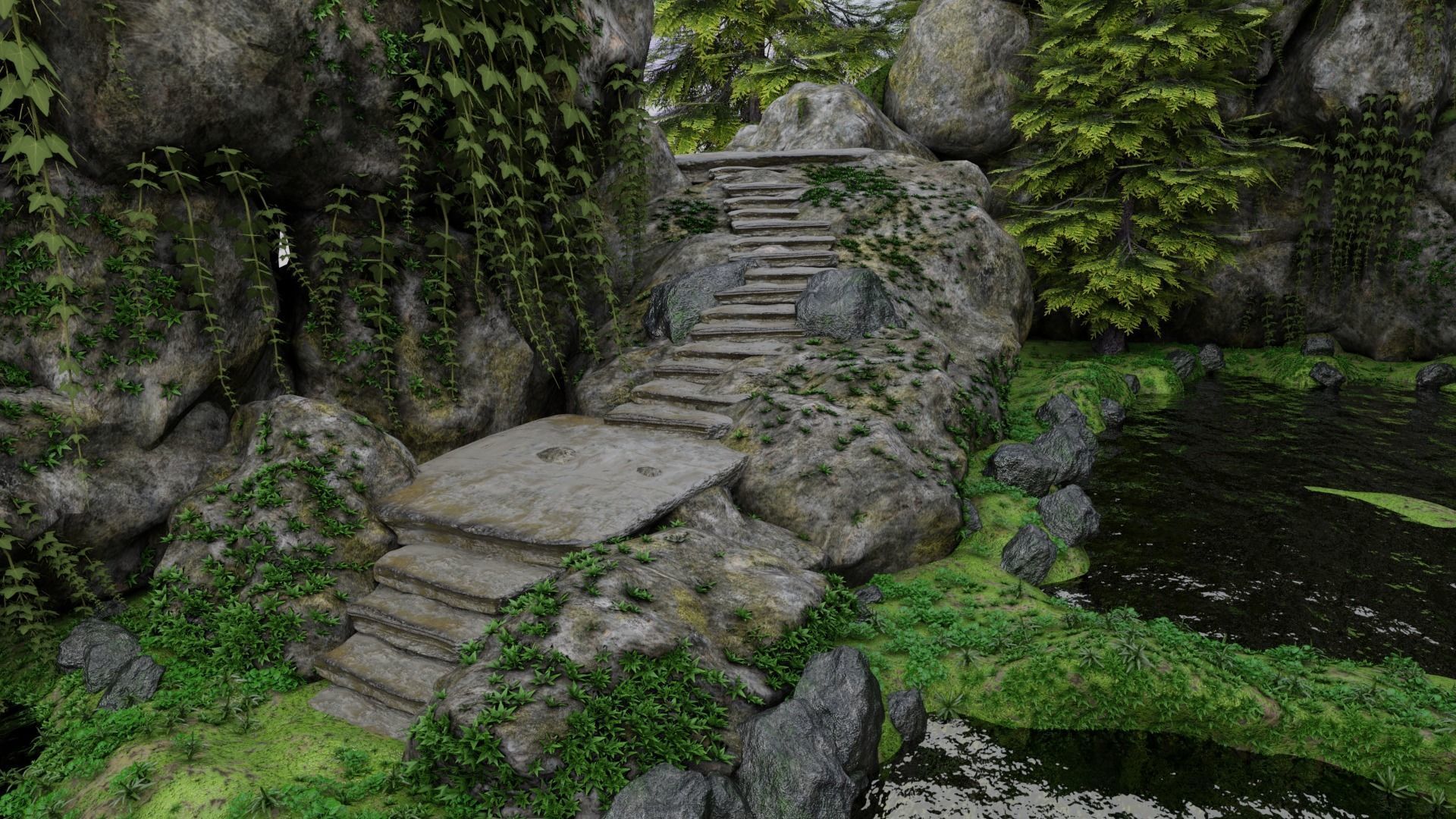 Scene rock garden with trees and rocks 3D model_4