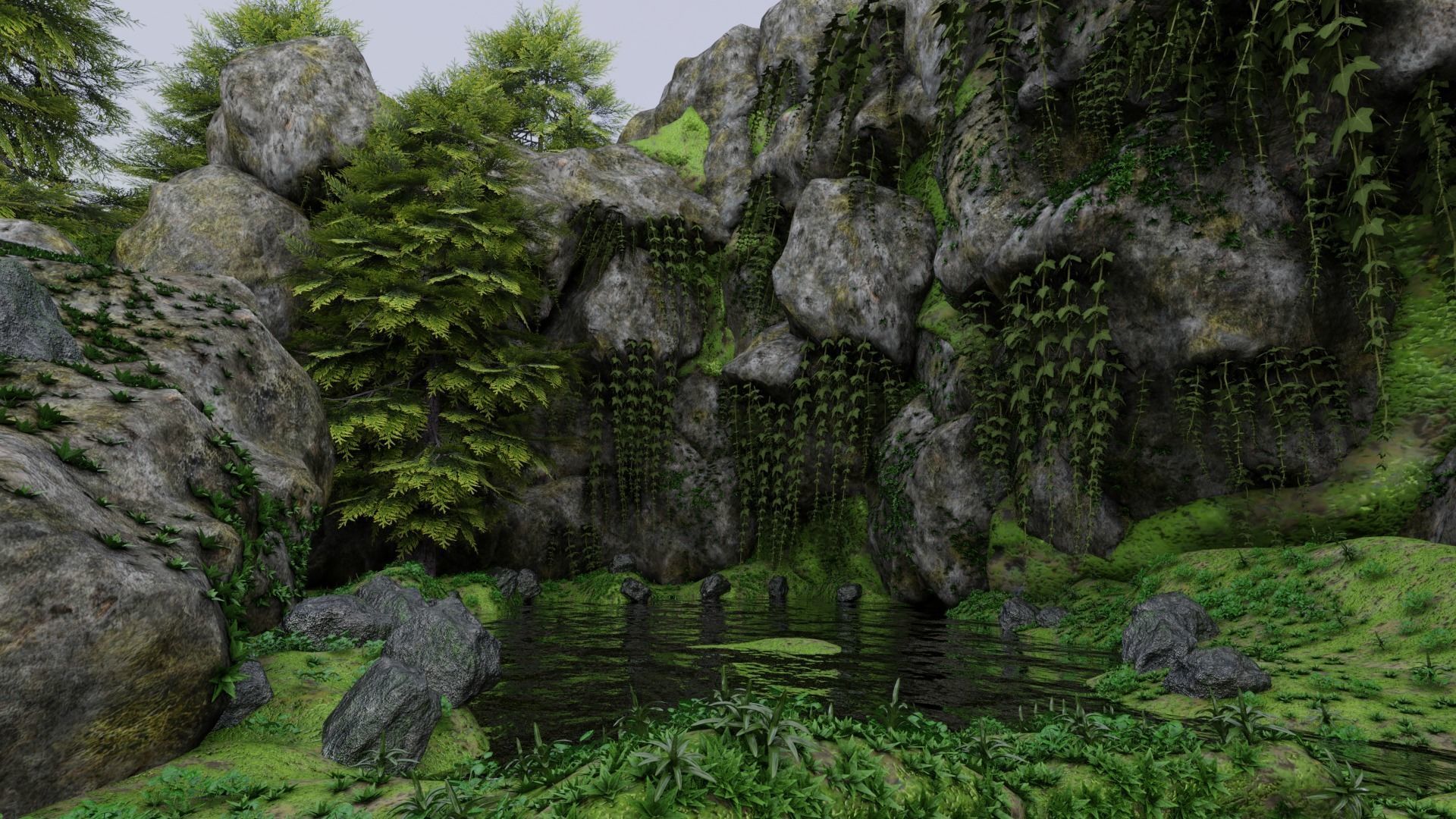 Scene rock garden with trees and rocks 3D model_3