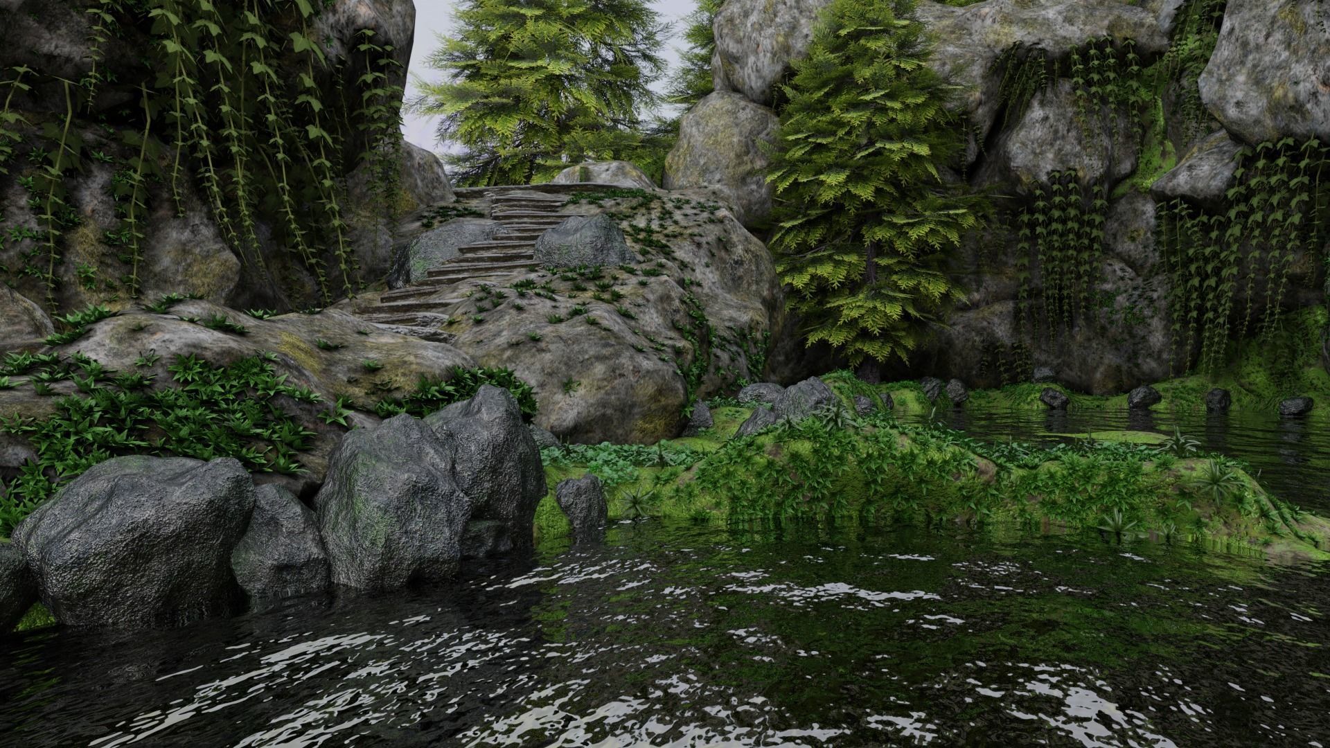 Scene rock garden with trees and rocks 3D model_2