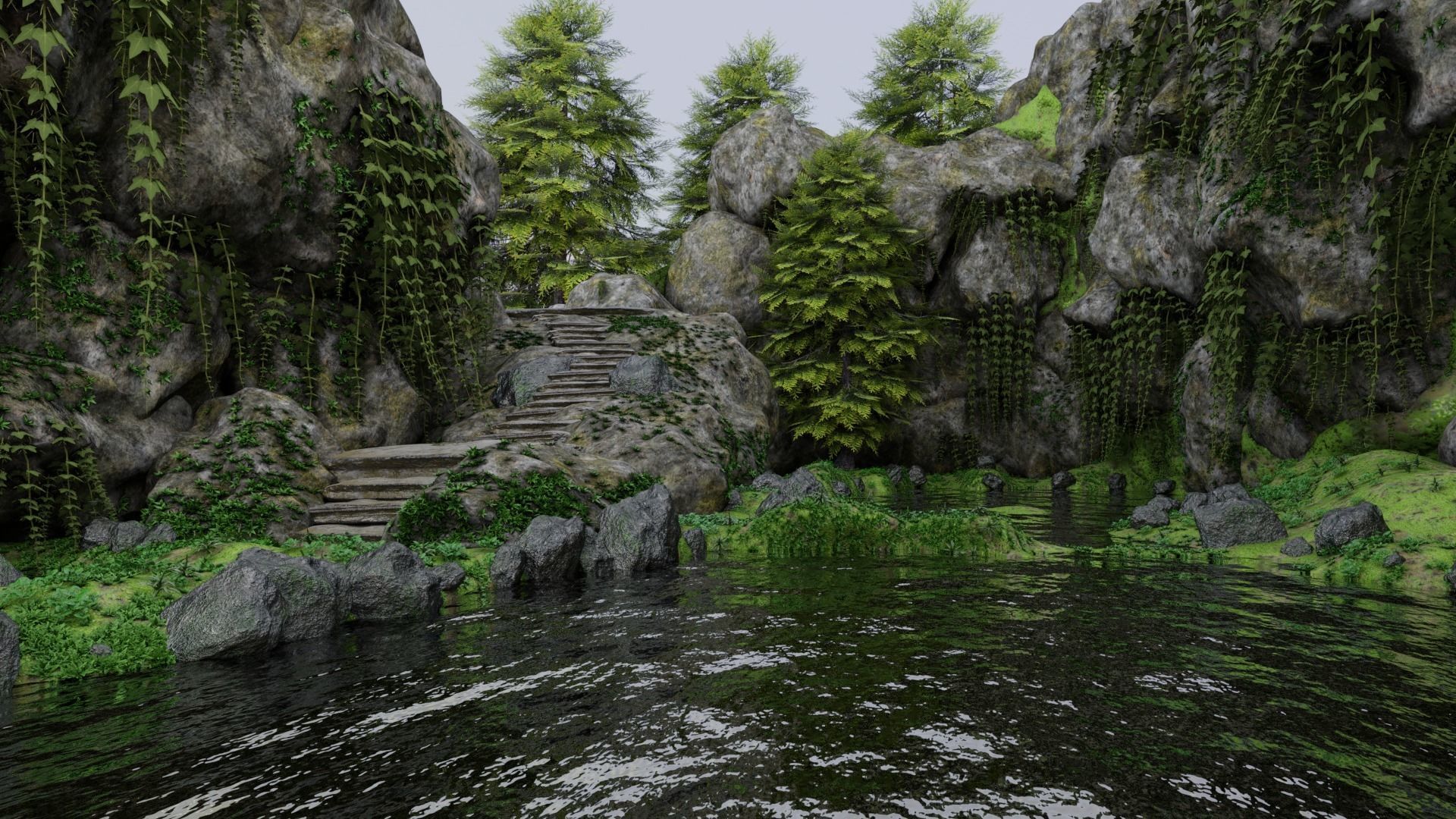Scene rock garden with trees and rocks 3D model_1