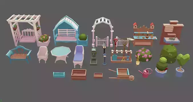 Stylized Vintage Garden Set Low-poly 3D model