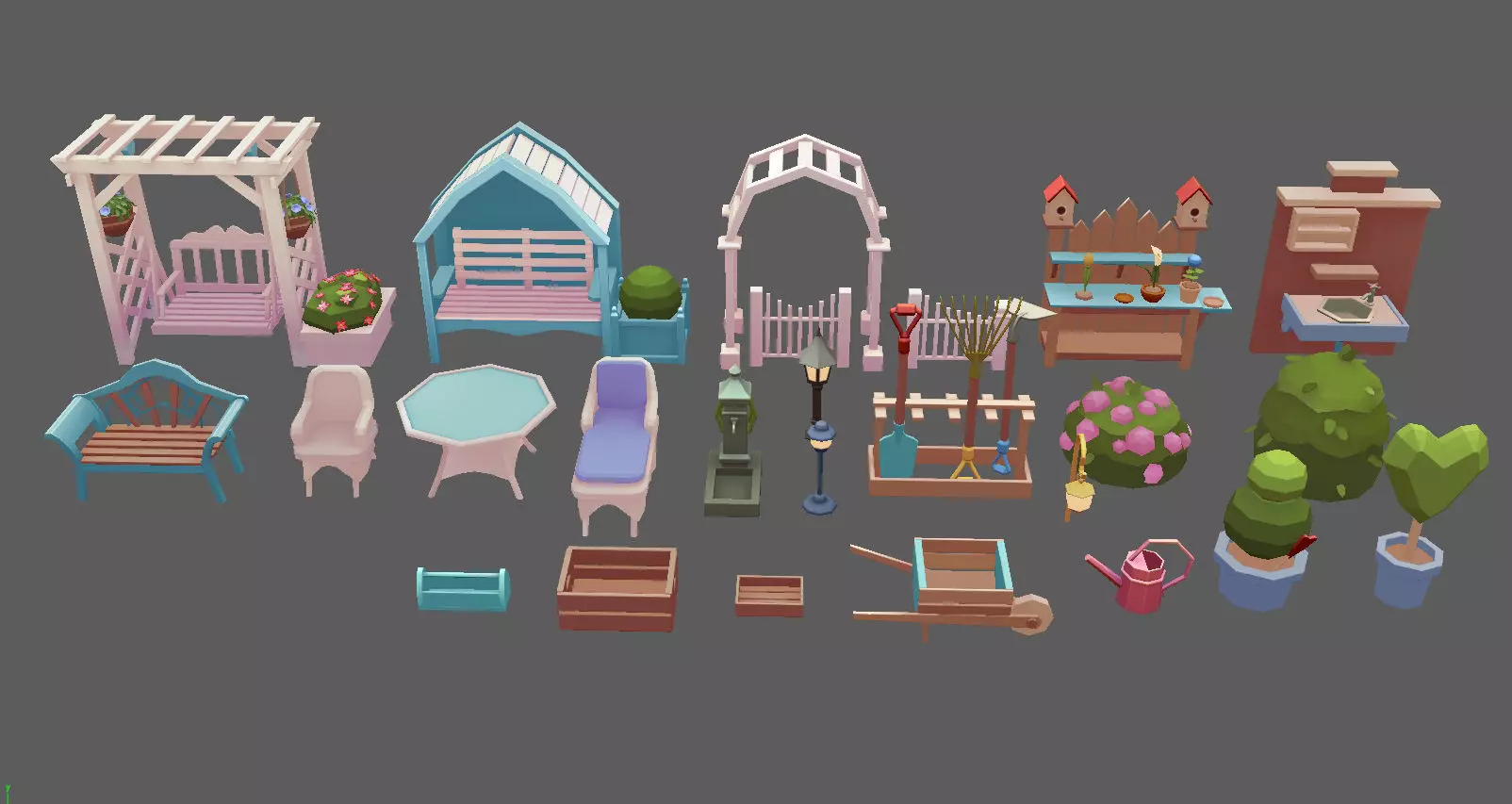 Stylized Vintage Garden Set Low-poly 3D model_0