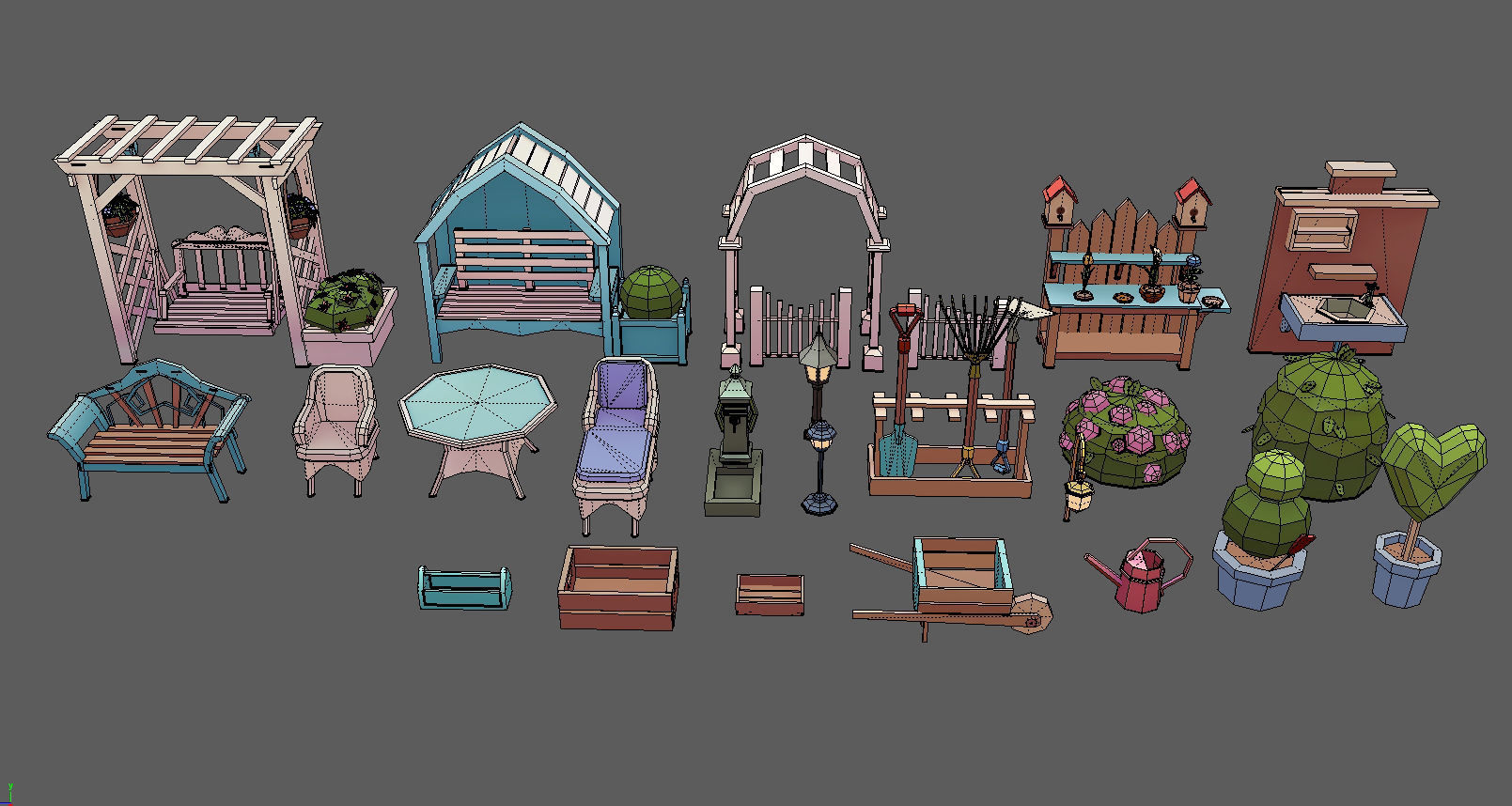 Stylized Vintage Garden Set Low-poly 3D model_1