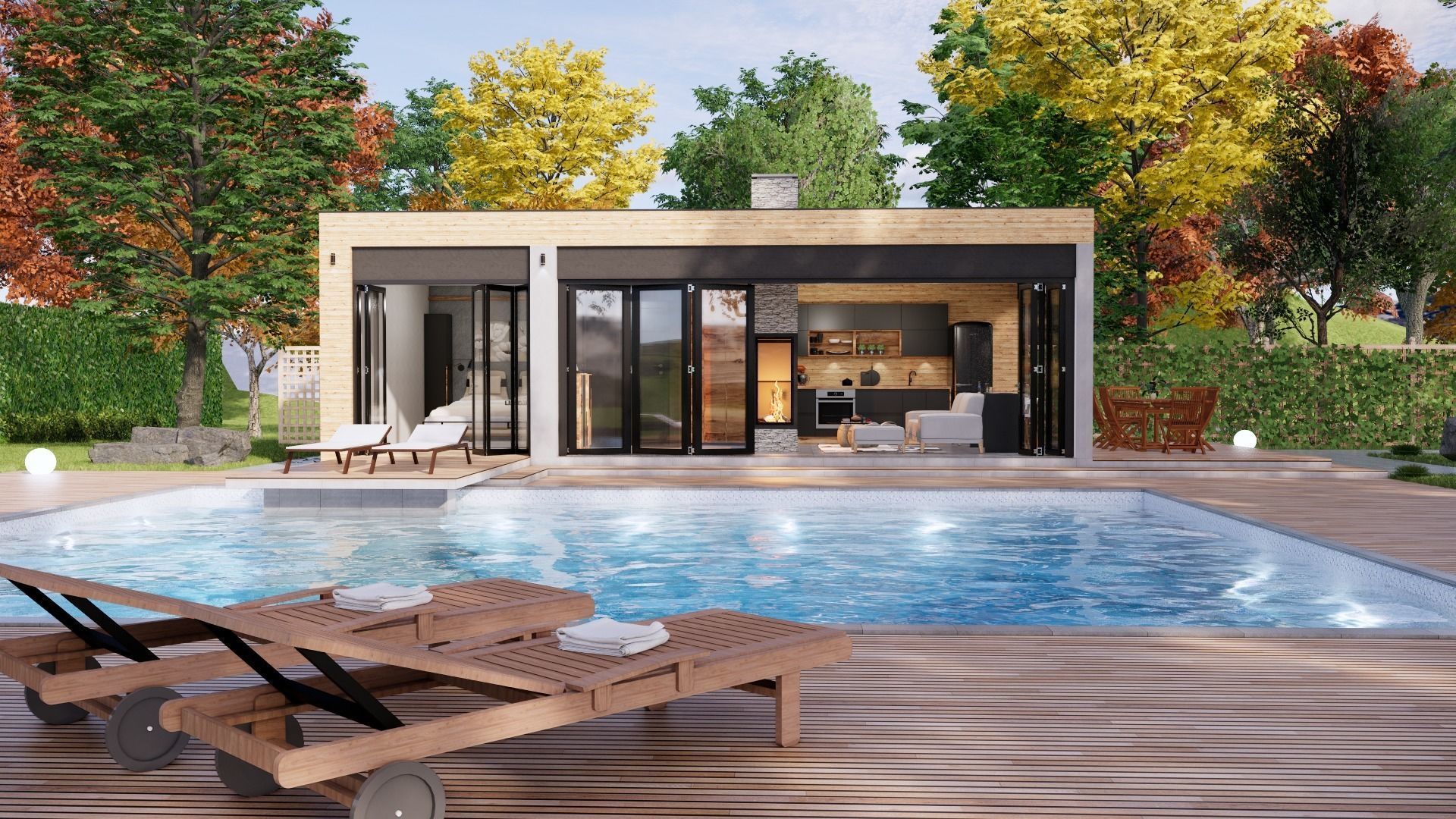 modern pool house with fireplace 3d model Low-poly 3D model_3