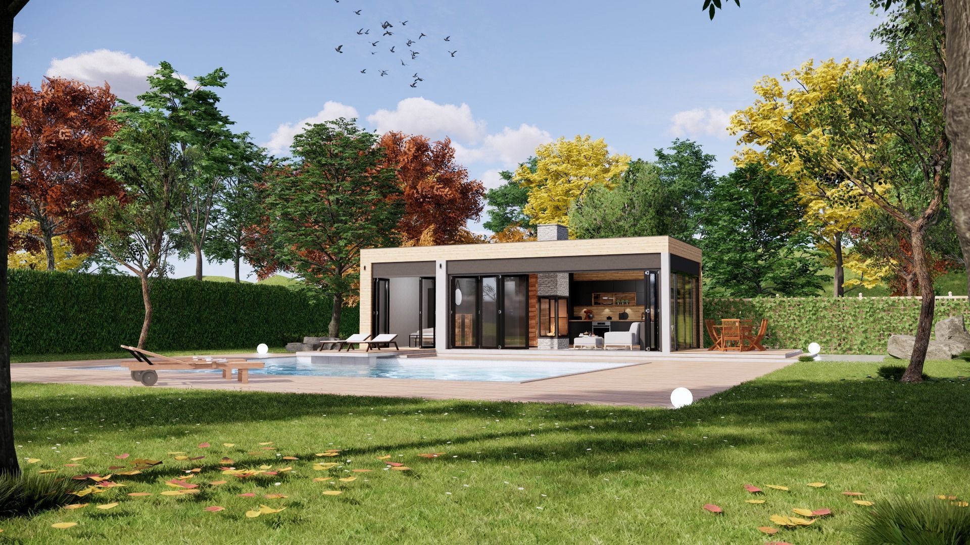 modern pool house with fireplace 3d model Low-poly 3D model_11