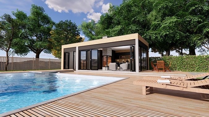 modern pool house with fireplace 3d model Low-poly 3D model