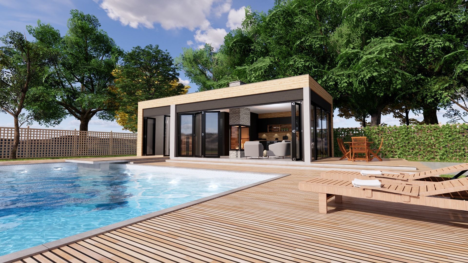 modern pool house with fireplace 3d model Low-poly 3D model_0
