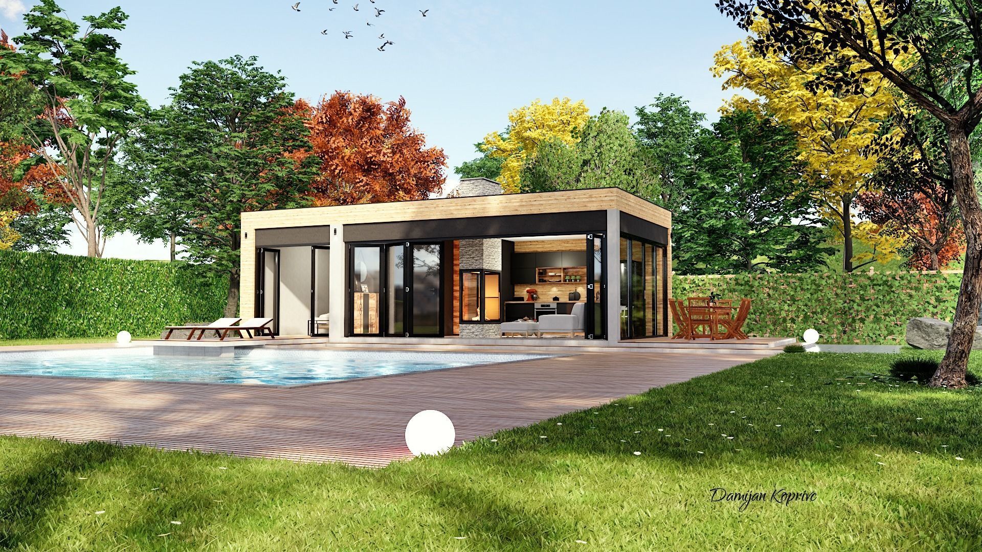 modern pool house with fireplace 3d model Low-poly 3D model_7