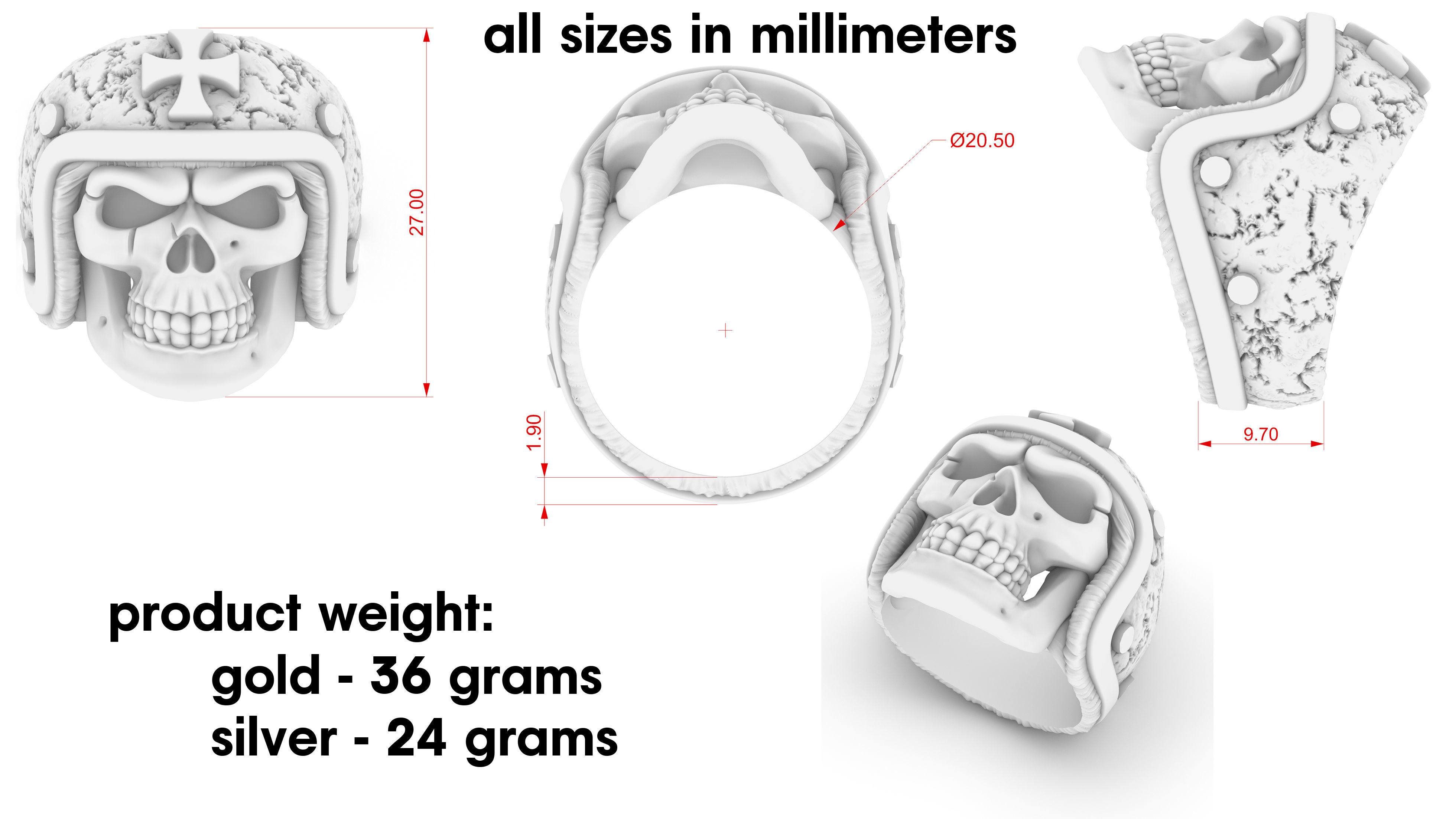 ring skull in a hard hat biker 3D model 3D print model_8