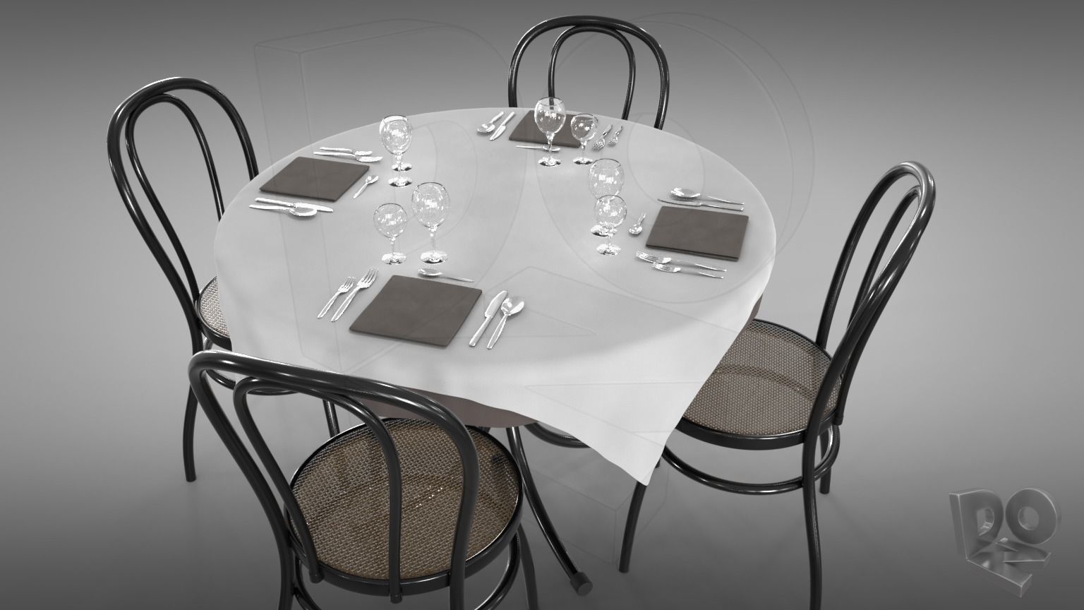 Restaurant table plus cutlery and chairs 3D model_4