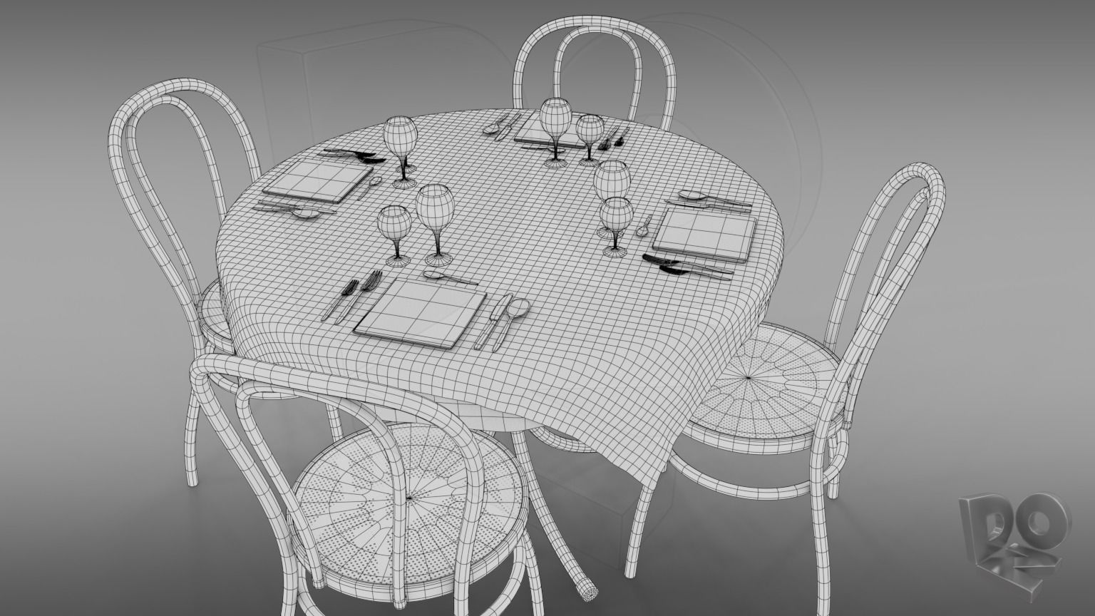 Restaurant table plus cutlery and chairs 3D model_5