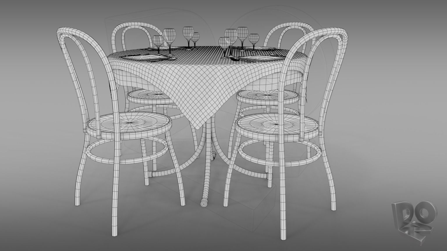 Restaurant table plus cutlery and chairs 3D model_1