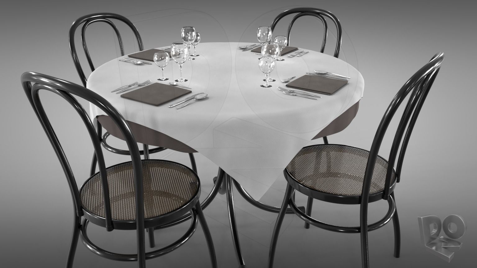 Restaurant table plus cutlery and chairs 3D model_2