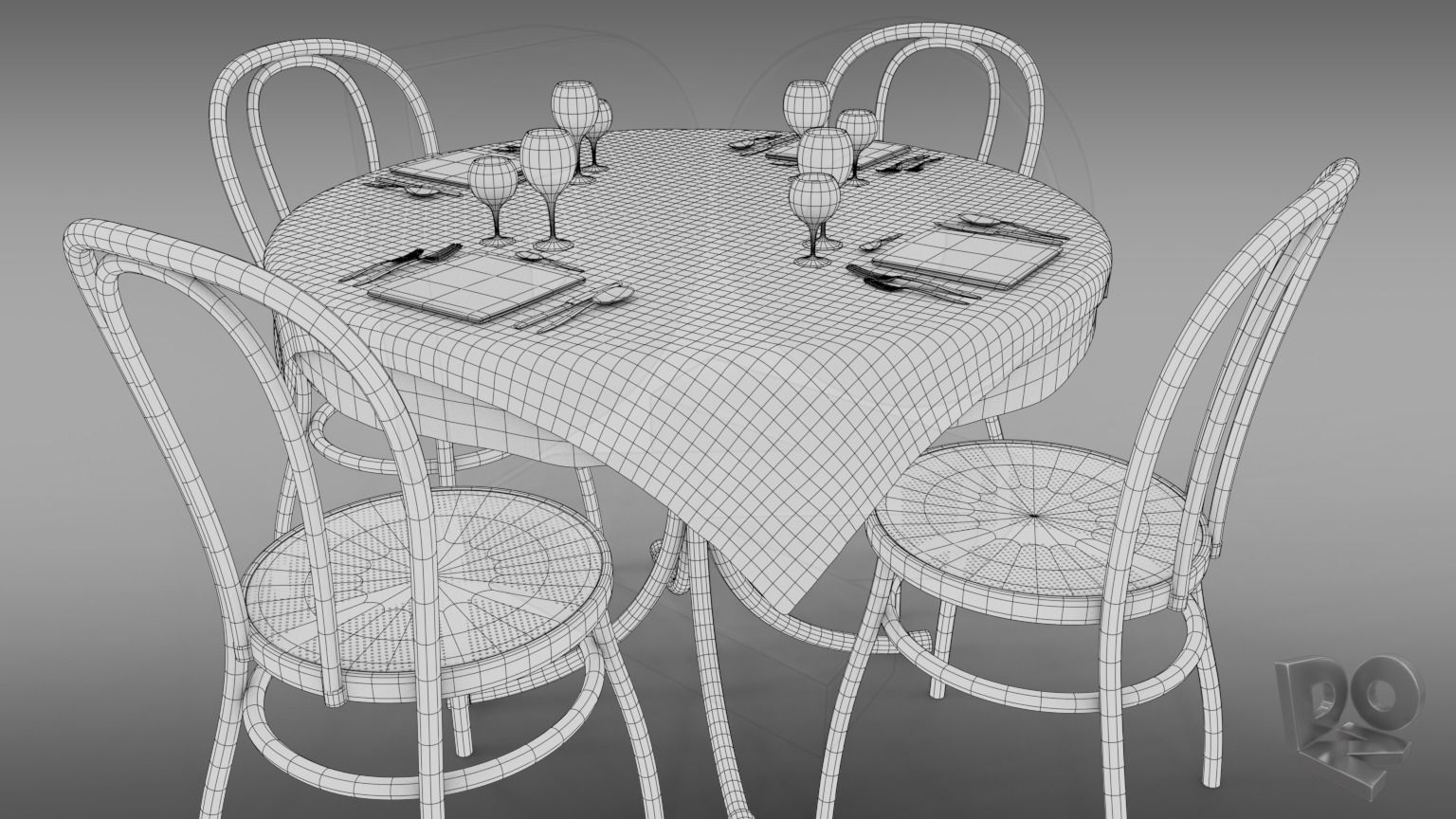 Restaurant table plus cutlery and chairs 3D model_3