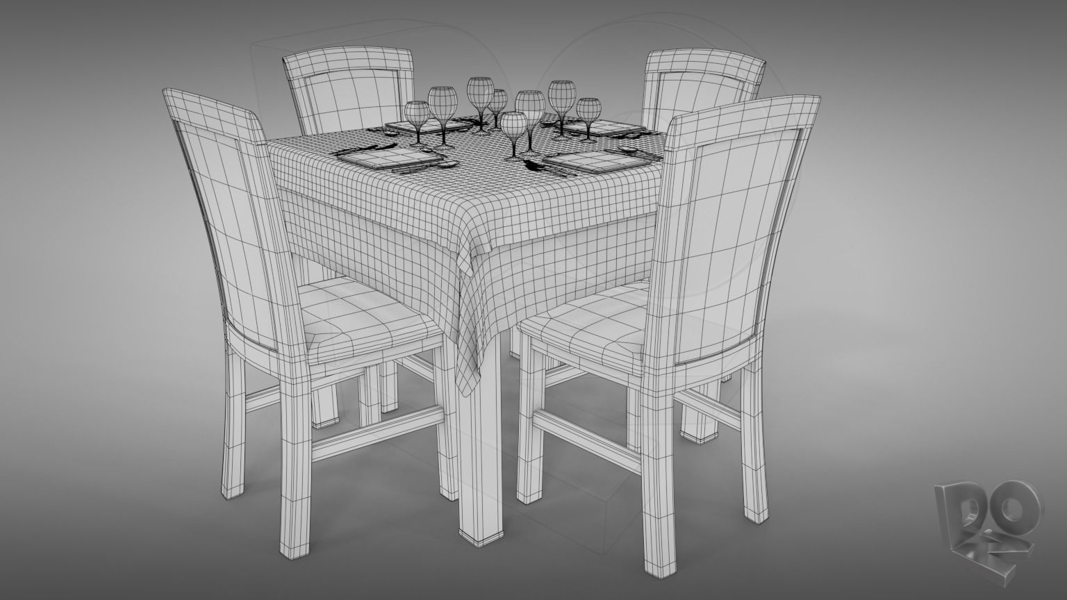 Restaurant table plus cutlery and chairs 3D model_1