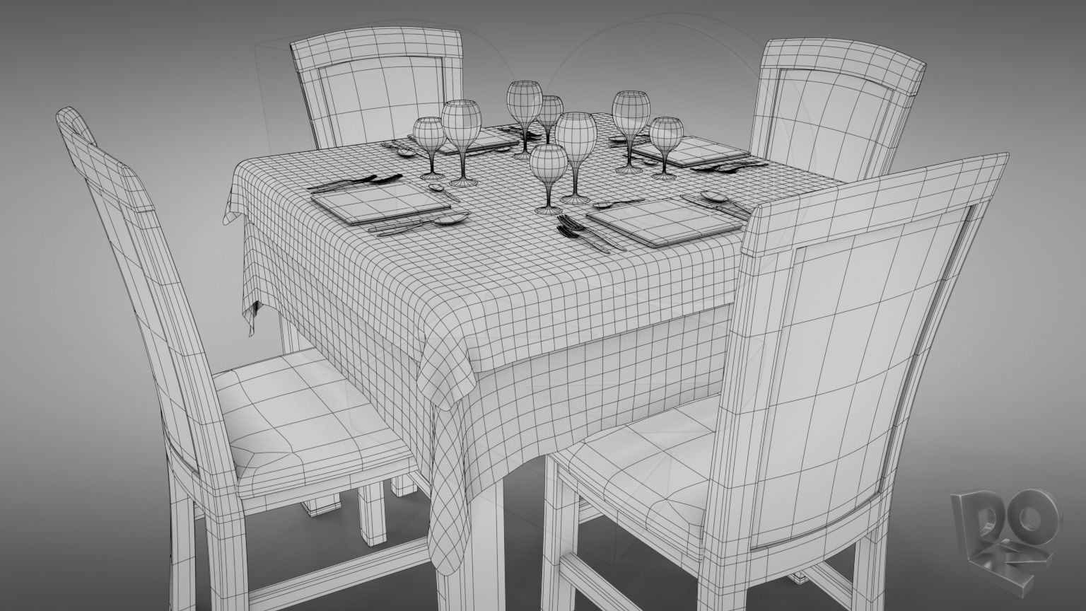 Restaurant table plus cutlery and chairs 3D model_3