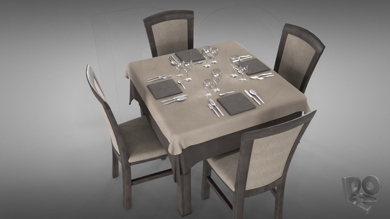 Restaurant table plus cutlery and chairs 3D model_4