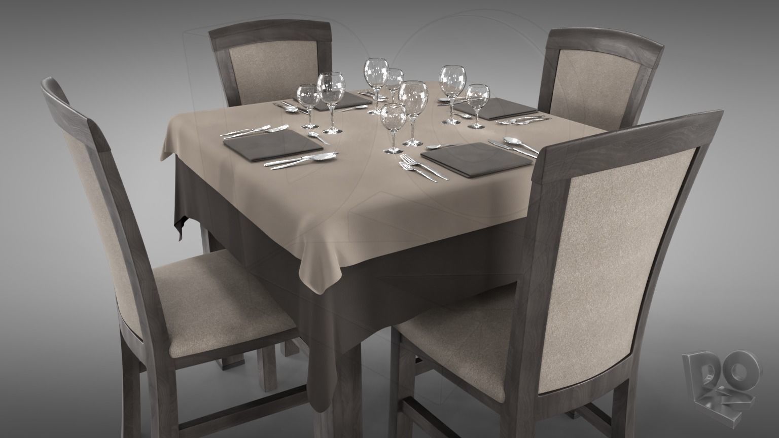 Restaurant table plus cutlery and chairs 3D model_2