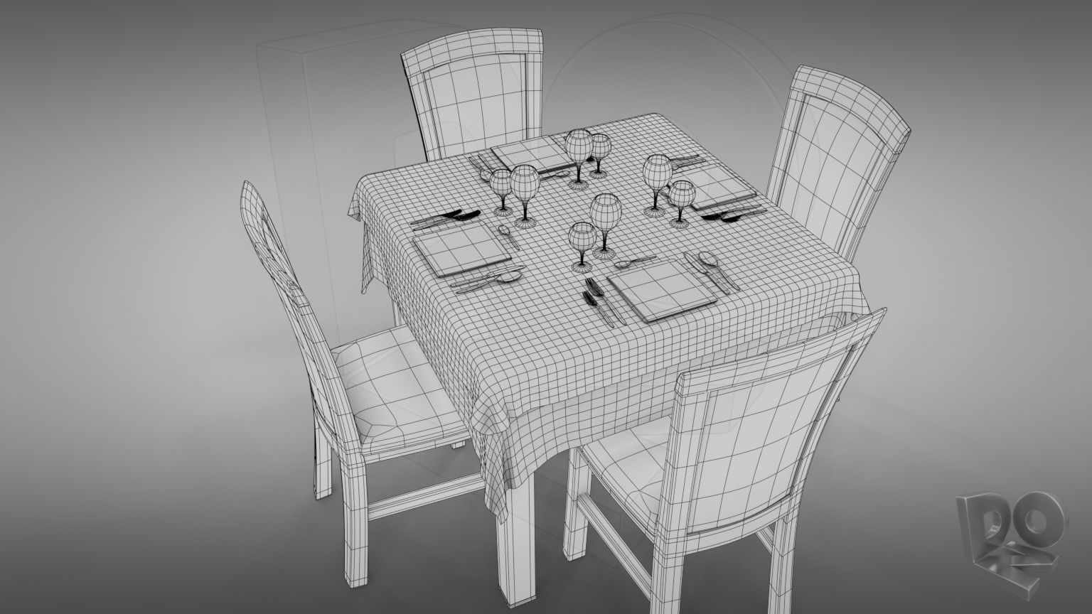 Restaurant table plus cutlery and chairs 3D model_5