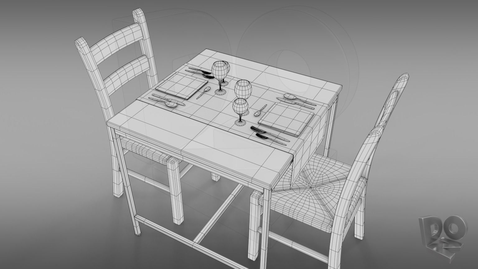 Restaurant table plus cutlery and chairs 3D model_7