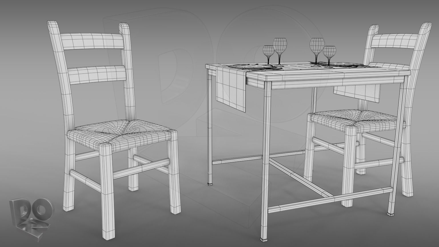 Restaurant table plus cutlery and chairs 3D model_1