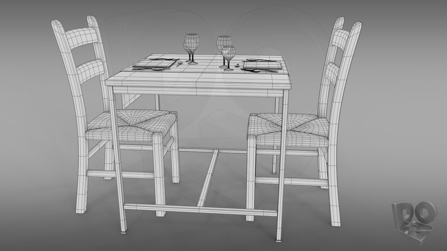 Restaurant table plus cutlery and chairs 3D model_3