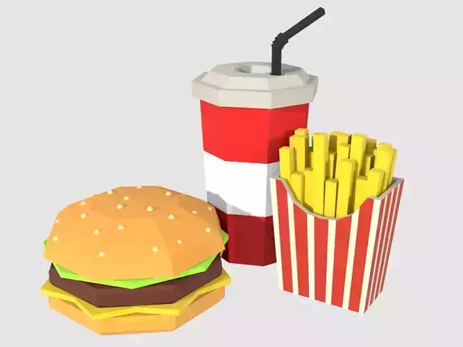 Low-Poly Burger combo food potatoes and soda 3D