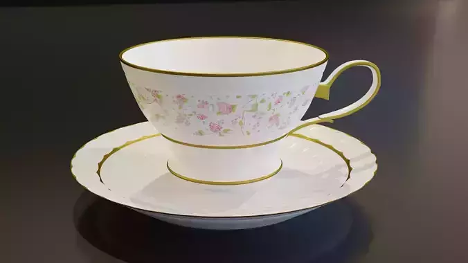 Tea Set cup and saucer on table 3D model