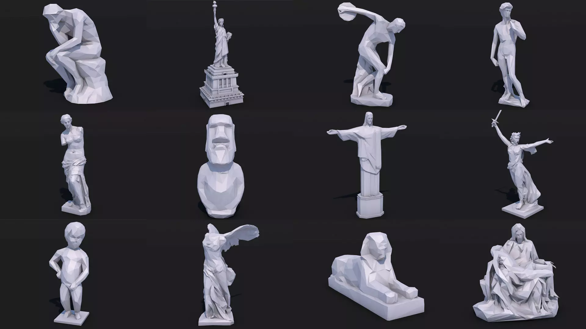12 Famous Sculptures Landmark in the World Low Poly Low-poly 3D model_0