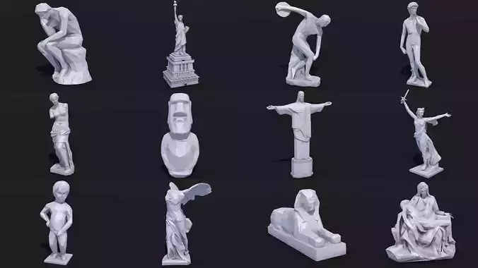 12 Famous Sculptures Landmark in the World Low Poly Low-poly 3D model