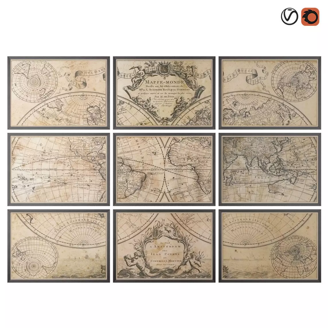 Restoration Hardware Lisles 1720 World Map Frames 3D model_0