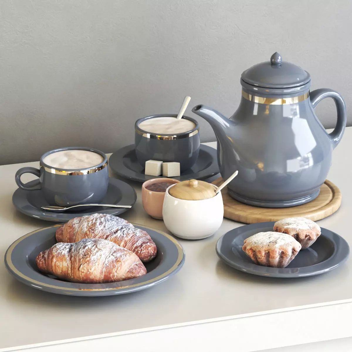 Tea set with croissant and muffin 3D model
