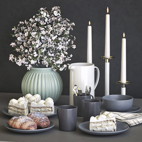 A set of dishes with a croissant and cake 3D model