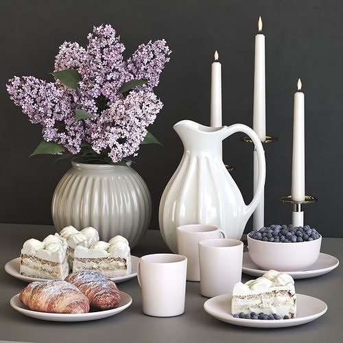 A set of dishes with a croissant and cake and lilac 3D model