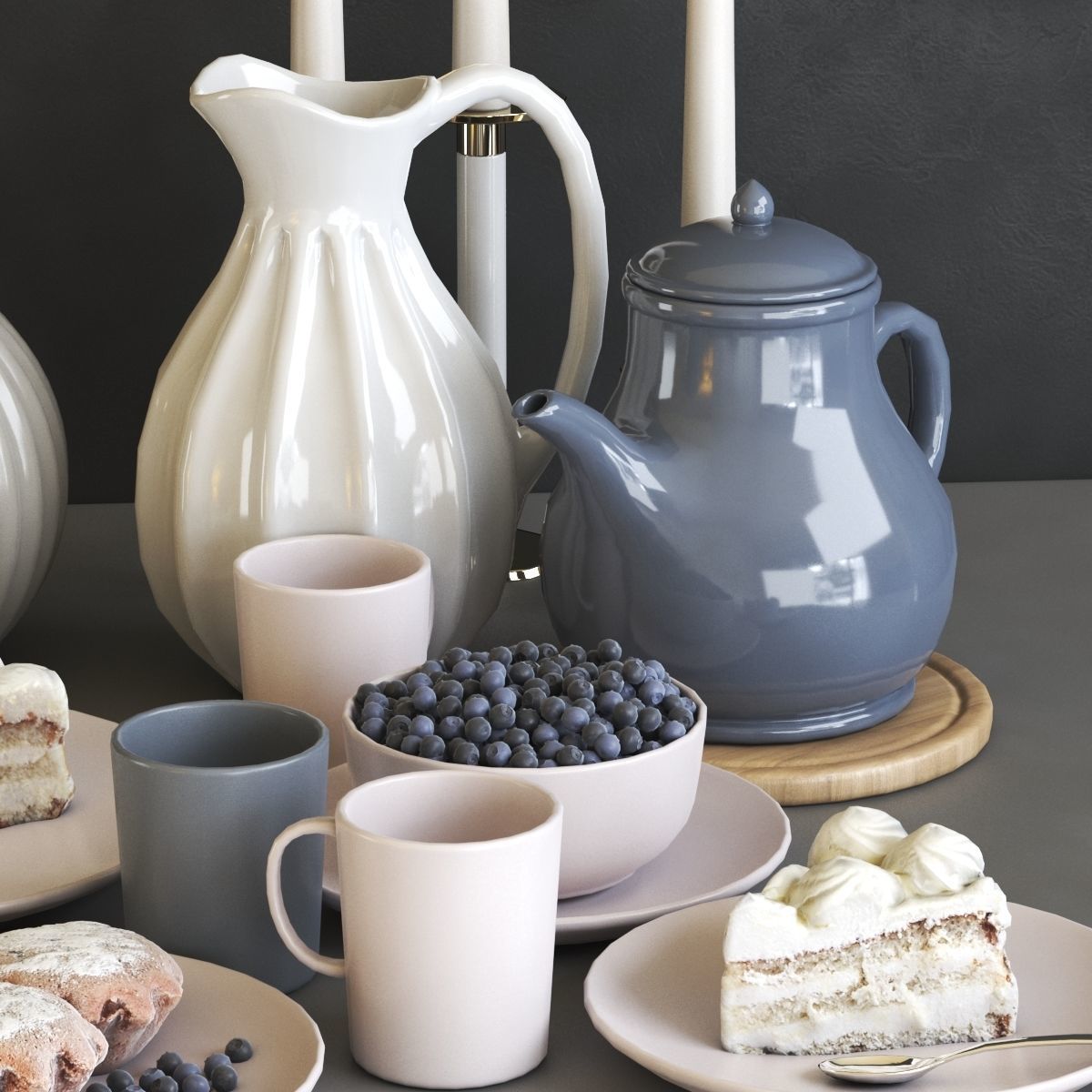 A set of dishes with cake muffins and dried flowers 3D model_3