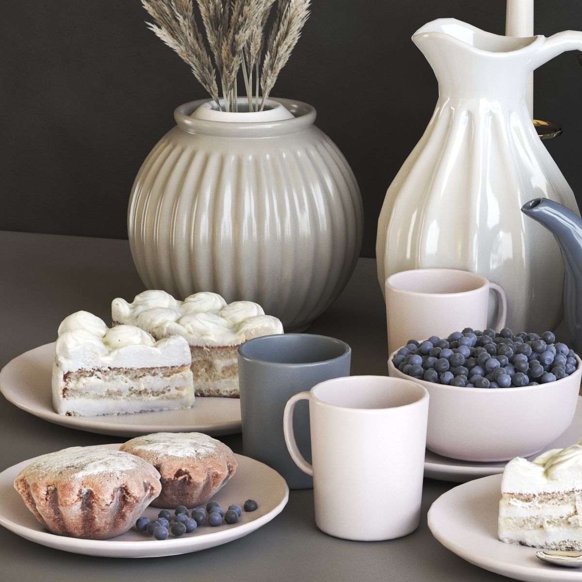 A set of dishes with cake muffins and dried flowers 3D model_4