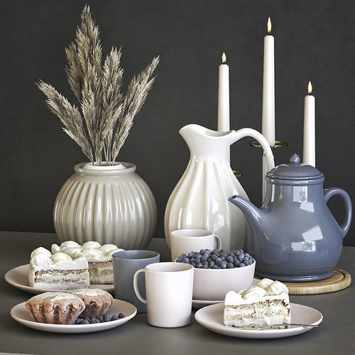 A set of dishes with cake muffins and dried flowers 3D model