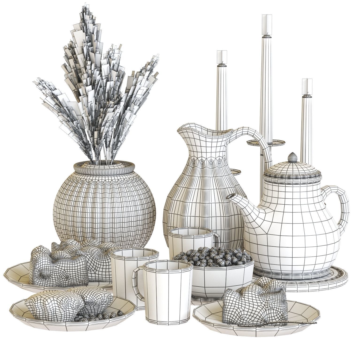 A set of dishes with cake muffins and dried flowers 3D model_2