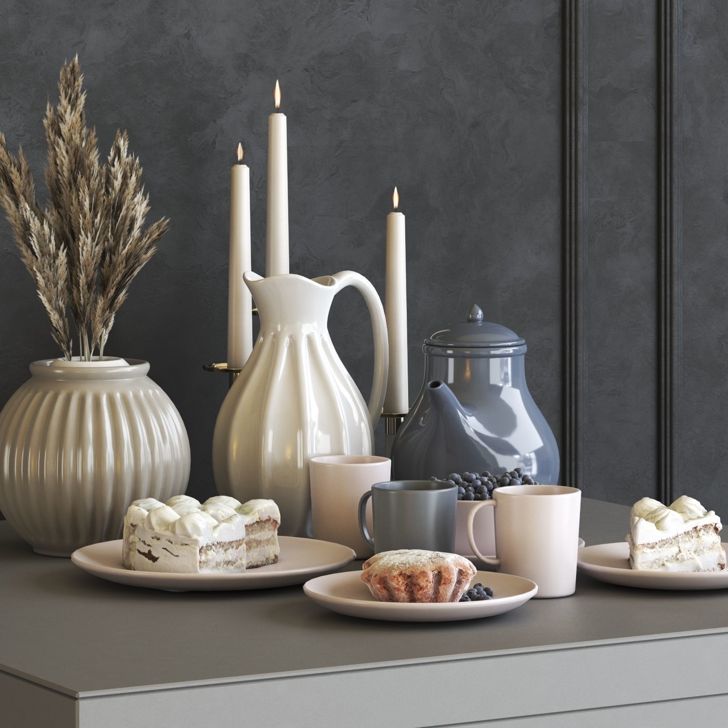 A set of dishes with cake muffins and dried flowers 3D model_1