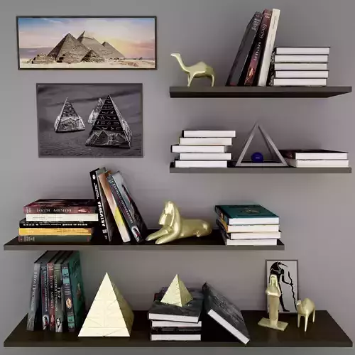 Decorative set 1 egyptian shelves with books and statues