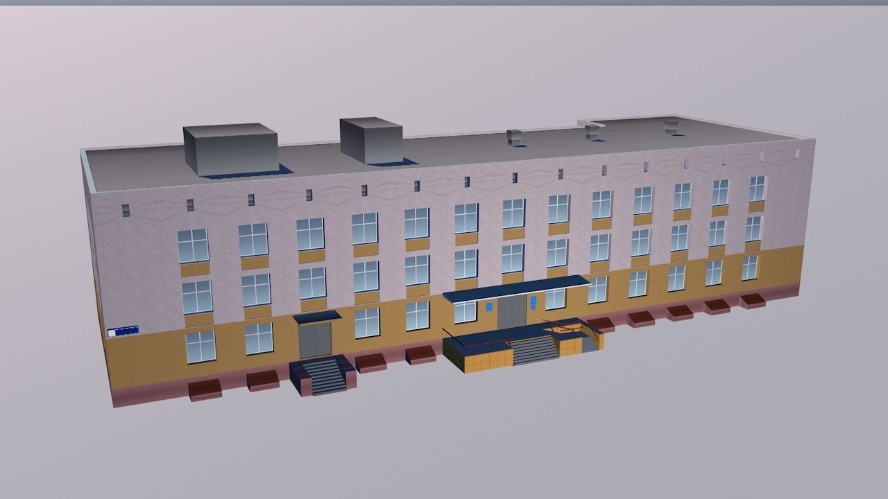 School building on cloudy day Low-poly 3D model_2