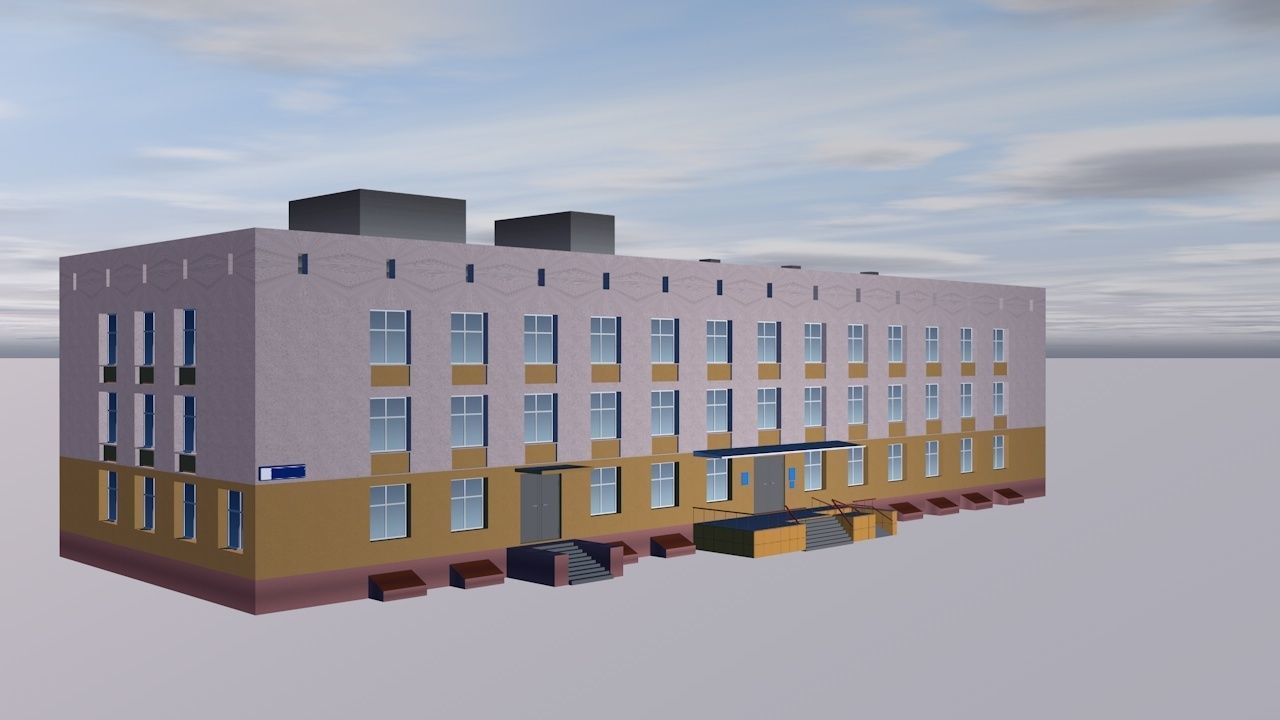 School building on cloudy day Low-poly 3D model_1