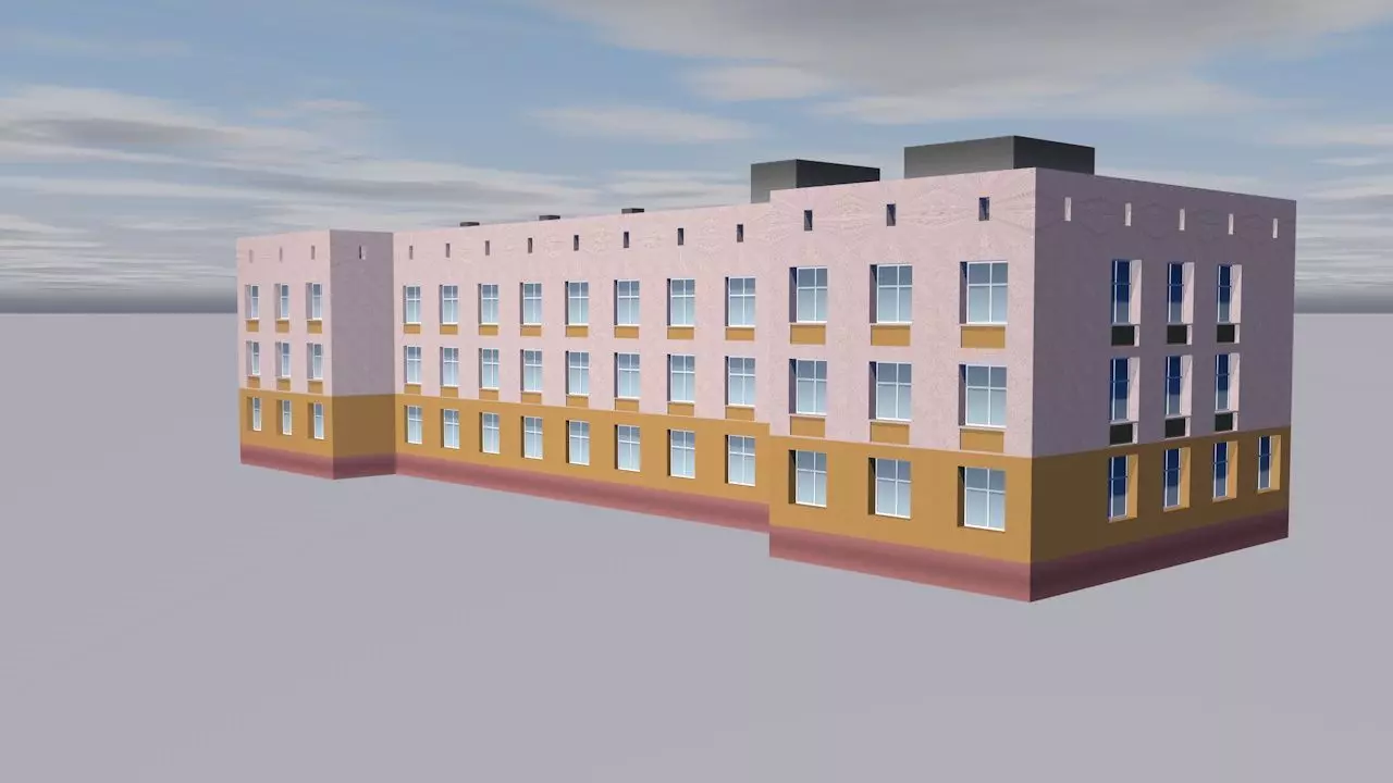 School building on cloudy day Low-poly 3D model_0