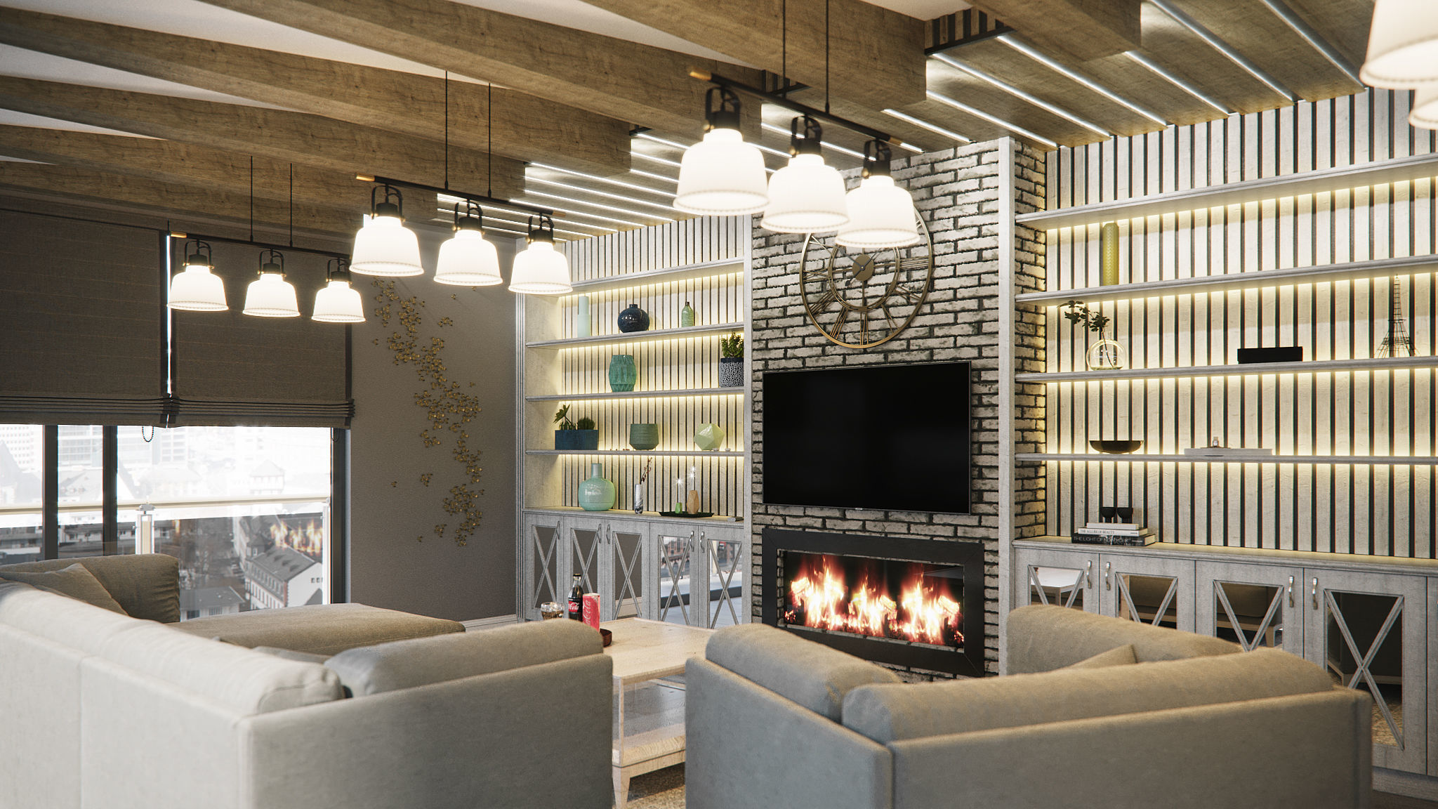 living room and kitchen country style 3D model_1