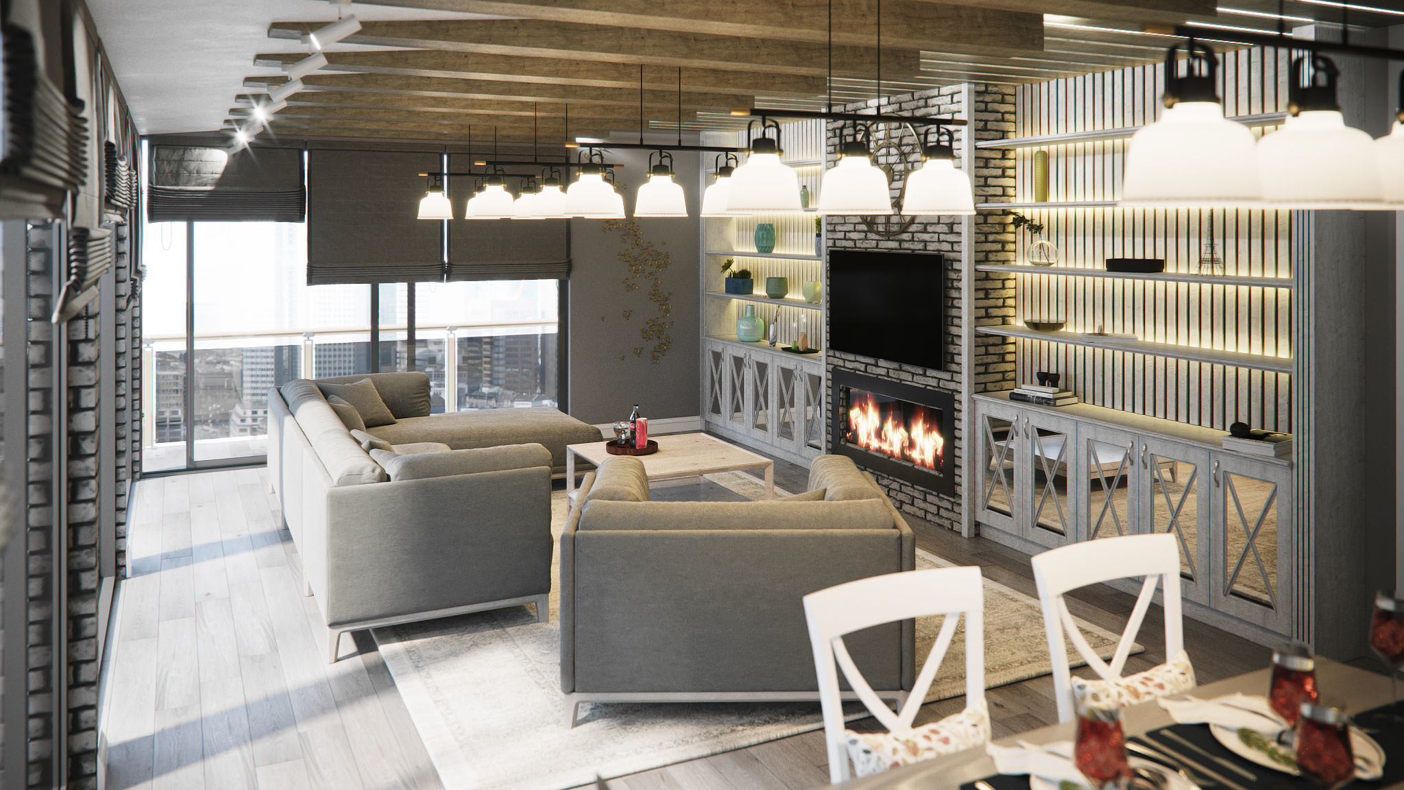 living room and kitchen country style 3D model_2