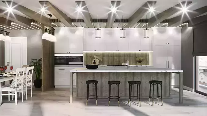 living room and kitchen country style 3D model