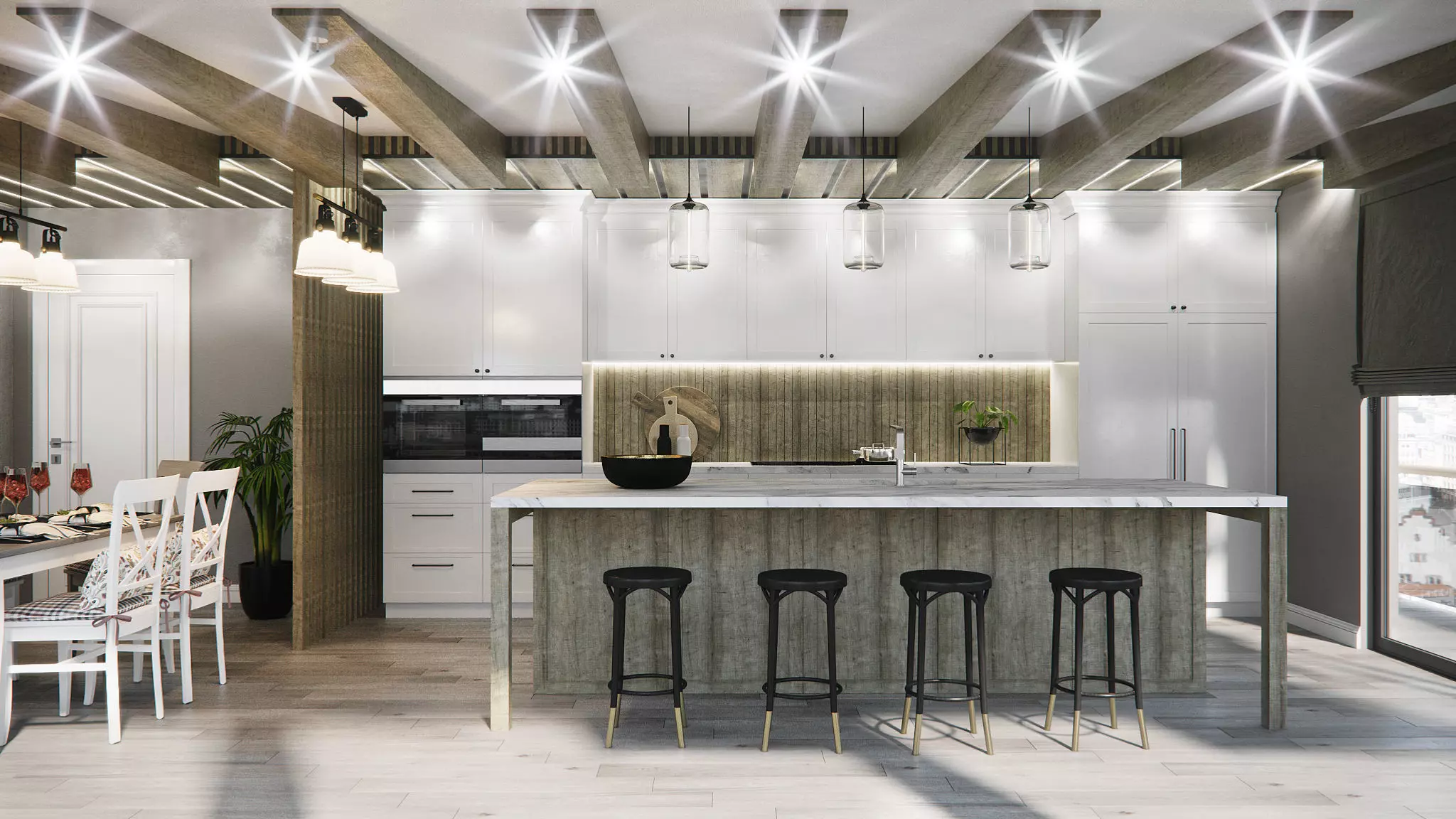 living room and kitchen country style 3D model_0