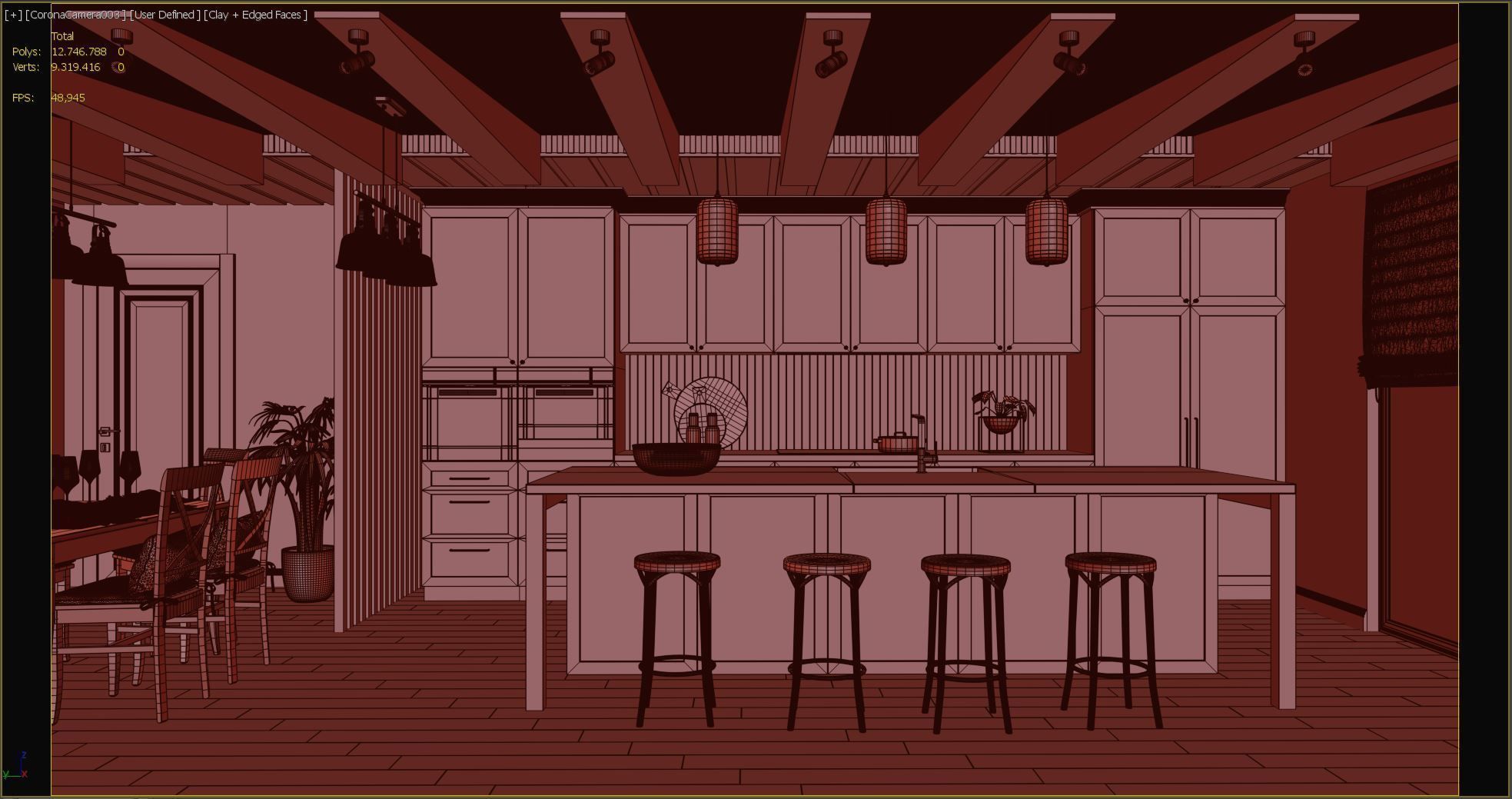 living room and kitchen country style 3D model_4