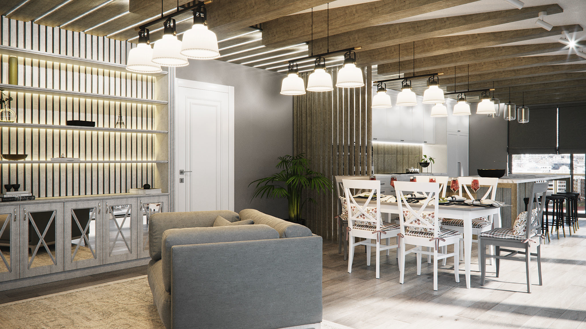 living room and kitchen country style 3D model_3