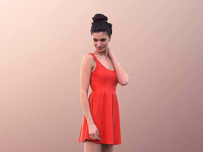 Myriam 10025 - Shy Woman in Red Dress Low-poly 3D model